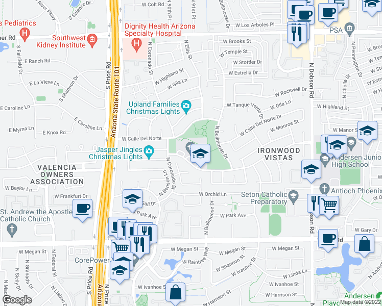 map of restaurants, bars, coffee shops, grocery stores, and more near 2600 West Knox Road in Chandler