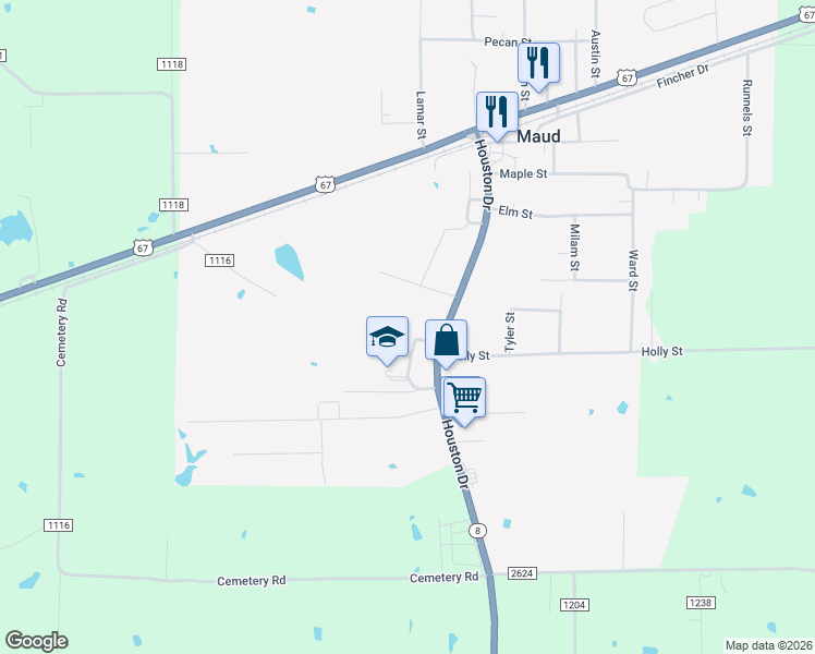 map of restaurants, bars, coffee shops, grocery stores, and more near 389 Houston Drive in Maud