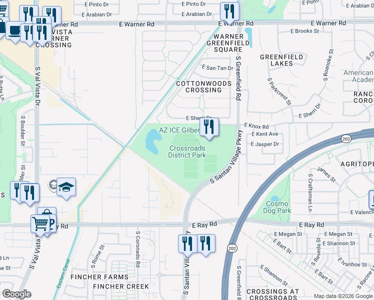 map of restaurants, bars, coffee shops, grocery stores, and more near 2155 East Knox Road in Gilbert