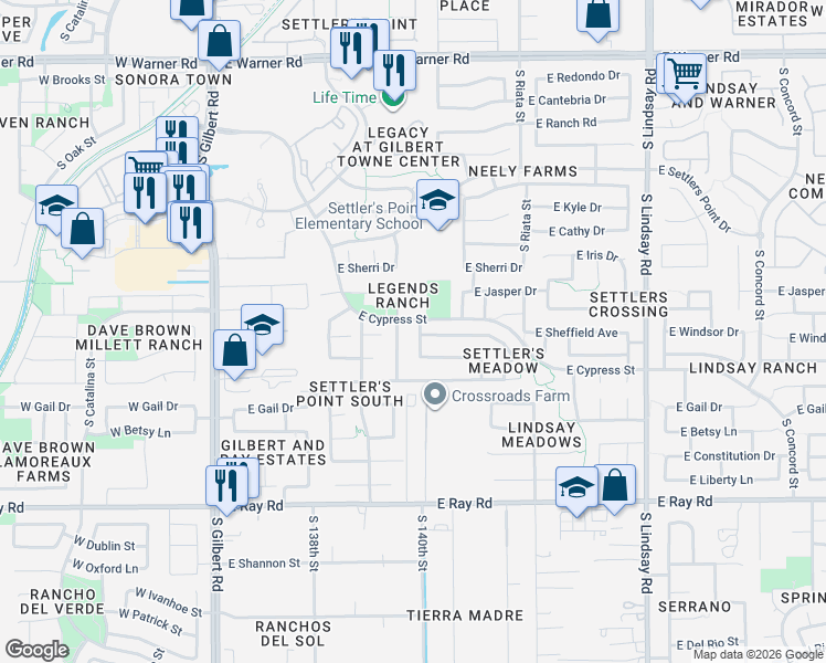 map of restaurants, bars, coffee shops, grocery stores, and more near 404 East Sheffield Avenue in Gilbert