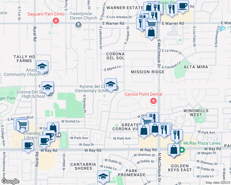 map of restaurants, bars, coffee shops, grocery stores, and more near 1350 North Lakeshore Drive in Chandler