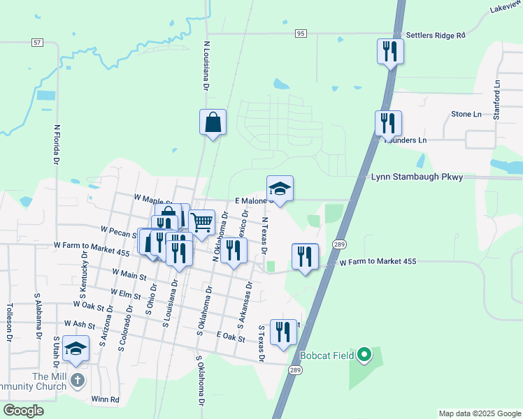 map of restaurants, bars, coffee shops, grocery stores, and more near 410 North Texas Drive in Celina