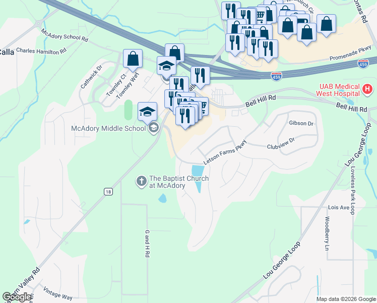 map of restaurants, bars, coffee shops, grocery stores, and more near 4763 Letson Farms Parkway in McCalla