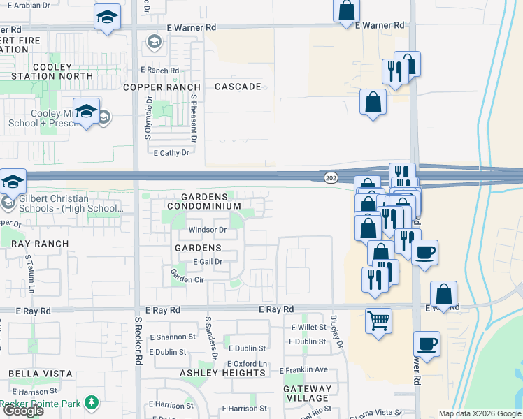 map of restaurants, bars, coffee shops, grocery stores, and more near 1305 South Owl Drive in Gilbert