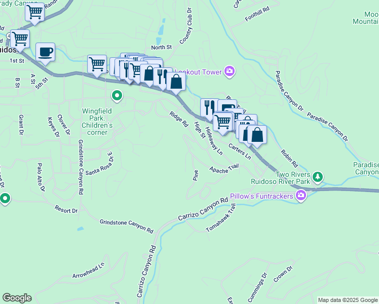 map of restaurants, bars, coffee shops, grocery stores, and more near 199 Lonesome Trail in Ruidoso
