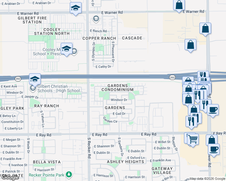 map of restaurants, bars, coffee shops, grocery stores, and more near 4163 East Jasper Drive in Gilbert