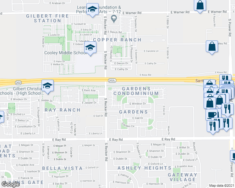 map of restaurants, bars, coffee shops, grocery stores, and more near 4093 East Jasper Drive in Gilbert