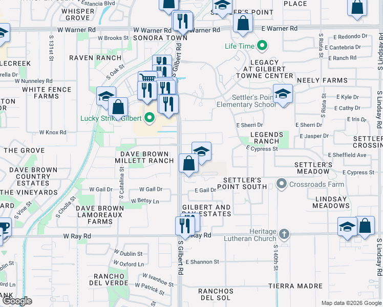 map of restaurants, bars, coffee shops, grocery stores, and more near 1245 South Gilbert Road in Gilbert