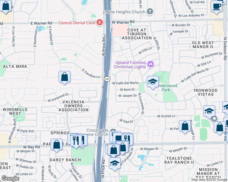 map of restaurants, bars, coffee shops, grocery stores, and more near 1370 North Desoto Street in Chandler