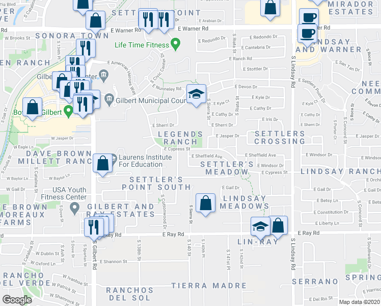 map of restaurants, bars, coffee shops, grocery stores, and more near 404 East Sheffield Avenue in Gilbert
