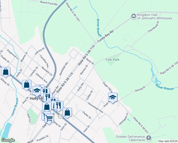 map of restaurants, bars, coffee shops, grocery stores, and more near 1331 Shuler Road in Holly Hill