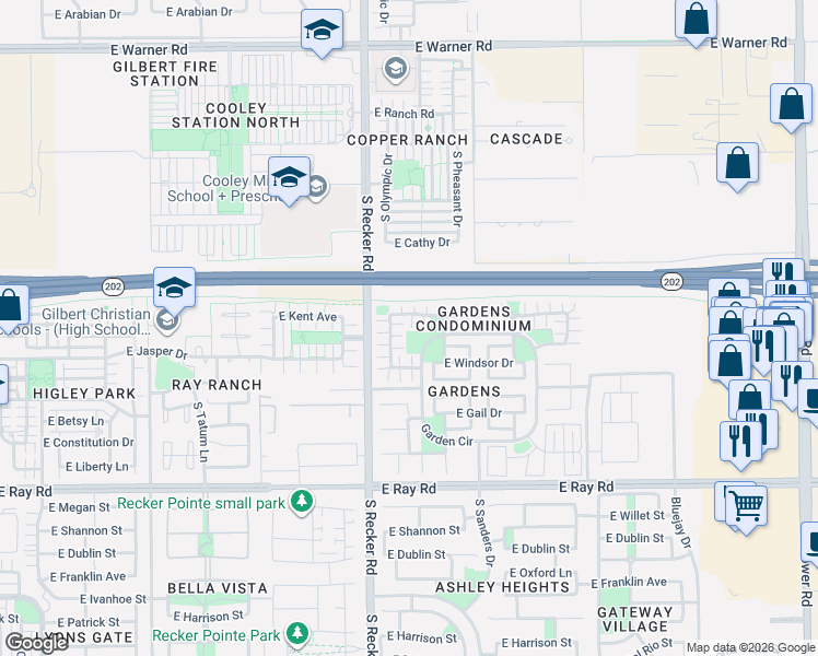 map of restaurants, bars, coffee shops, grocery stores, and more near 4093 East Jasper Drive in Gilbert