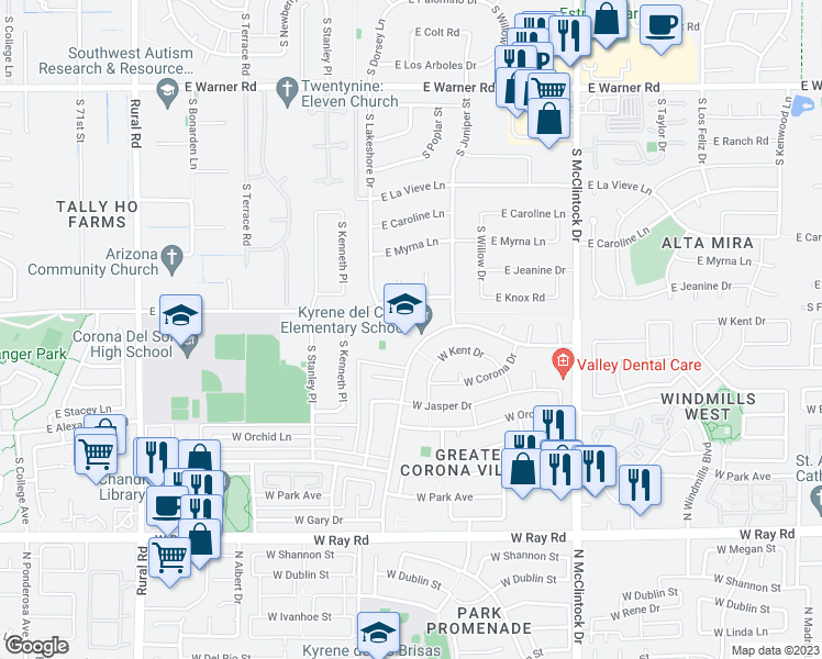 map of restaurants, bars, coffee shops, grocery stores, and more near 1350 North Lakeshore Drive in Chandler