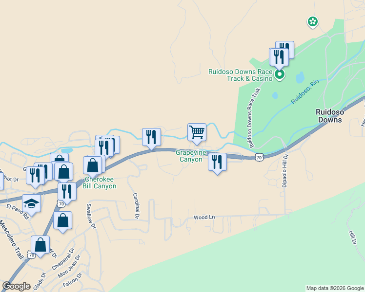 map of restaurants, bars, coffee shops, grocery stores, and more near 26164 U.S. 70 in Ruidoso Downs