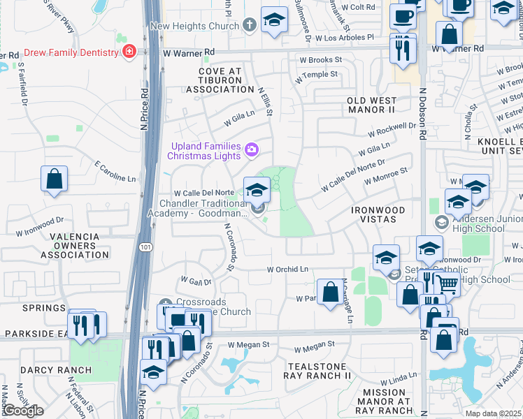 map of restaurants, bars, coffee shops, grocery stores, and more near 2600 West Knox Road in Chandler