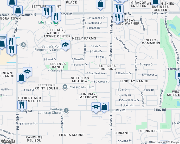 map of restaurants, bars, coffee shops, grocery stores, and more near 624 East Sheffield Avenue in Gilbert