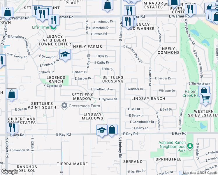 map of restaurants, bars, coffee shops, grocery stores, and more near 761 East Eagle Lane in Gilbert