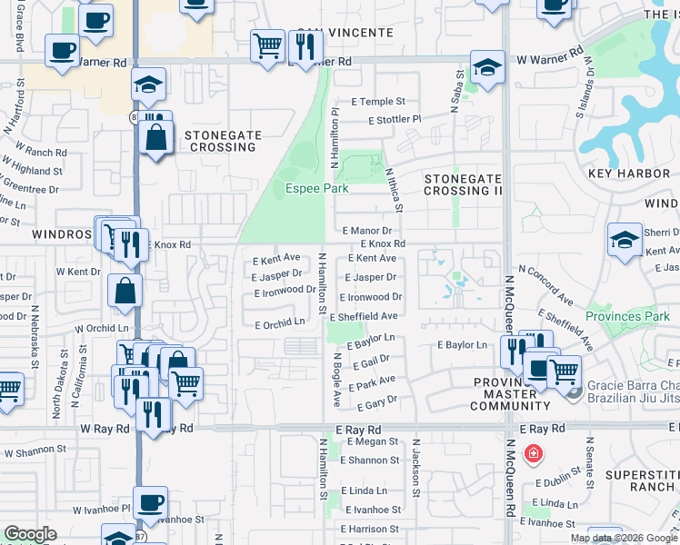 map of restaurants, bars, coffee shops, grocery stores, and more near 1372 North Bogle Avenue in Chandler