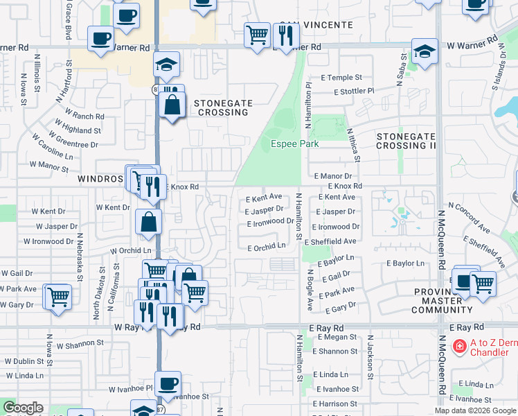 map of restaurants, bars, coffee shops, grocery stores, and more near 401 East Kent Avenue in Chandler