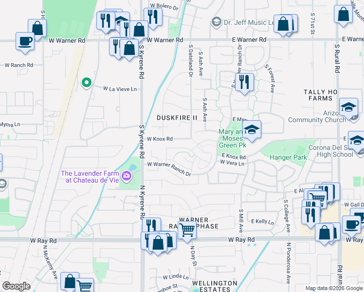 map of restaurants, bars, coffee shops, grocery stores, and more near 217 West Knox Road in Tempe