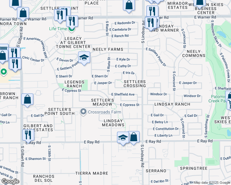 map of restaurants, bars, coffee shops, grocery stores, and more near 624 East Sheffield Avenue in Gilbert