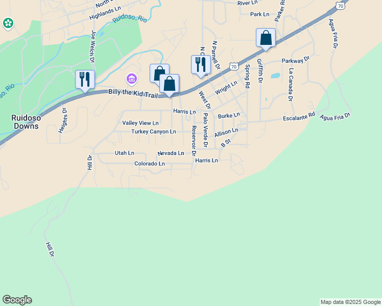 map of restaurants, bars, coffee shops, grocery stores, and more near 699 Nevada Ln in Ruidoso Downs