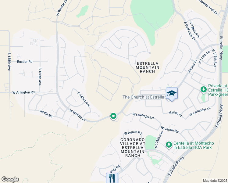 map of restaurants, bars, coffee shops, grocery stores, and more near 13176 South 181st Avenue in Goodyear