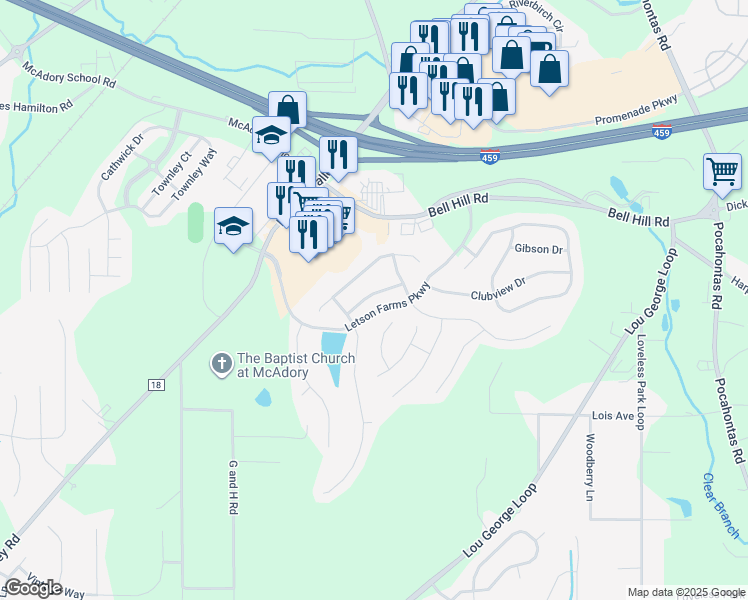 map of restaurants, bars, coffee shops, grocery stores, and more near 4834 Longmeadow Lane in Bessemer
