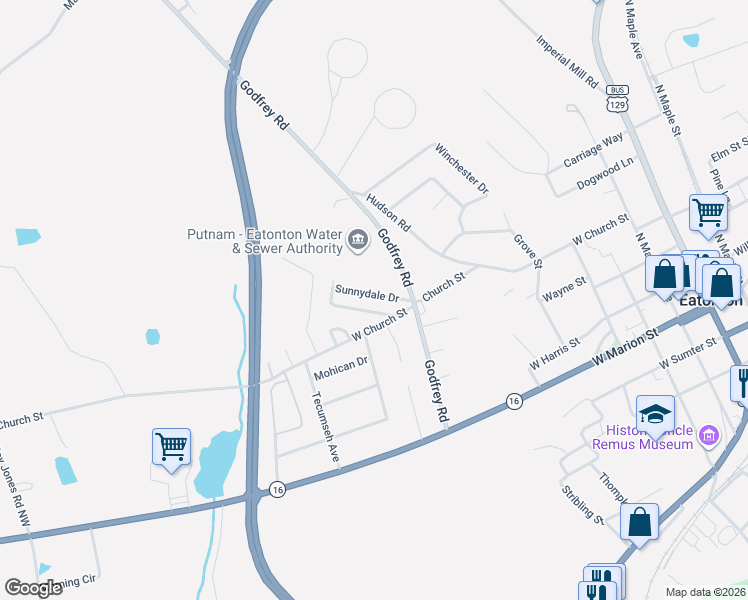 map of restaurants, bars, coffee shops, grocery stores, and more near 109 Sunnydale Drive in Eatonton