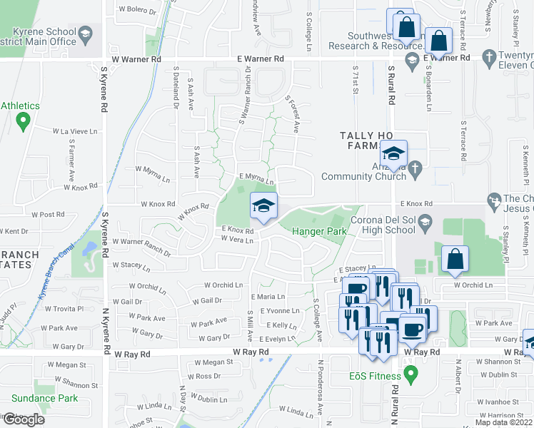 map of restaurants, bars, coffee shops, grocery stores, and more near 50 East Knox Road in Tempe