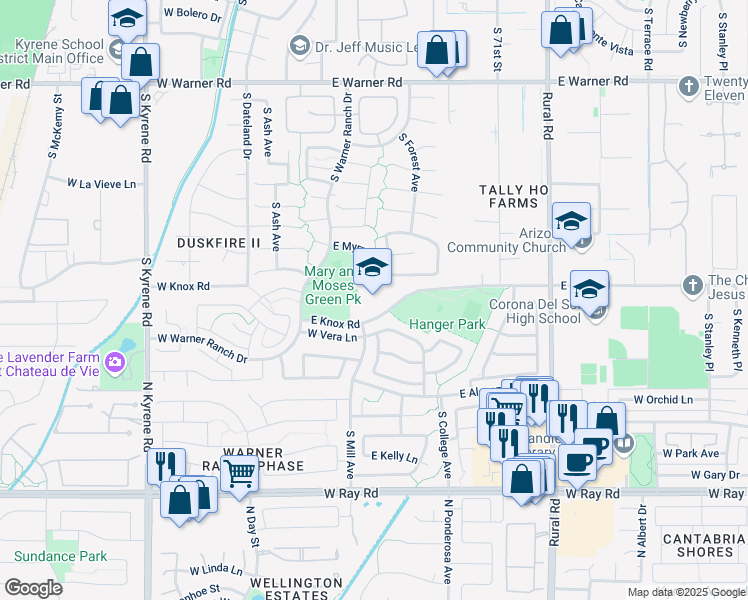 map of restaurants, bars, coffee shops, grocery stores, and more near 50 East Knox Road in Tempe