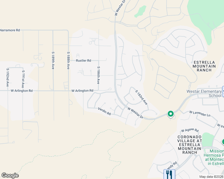 map of restaurants, bars, coffee shops, grocery stores, and more near 13301 South 186th Avenue in Buckeye