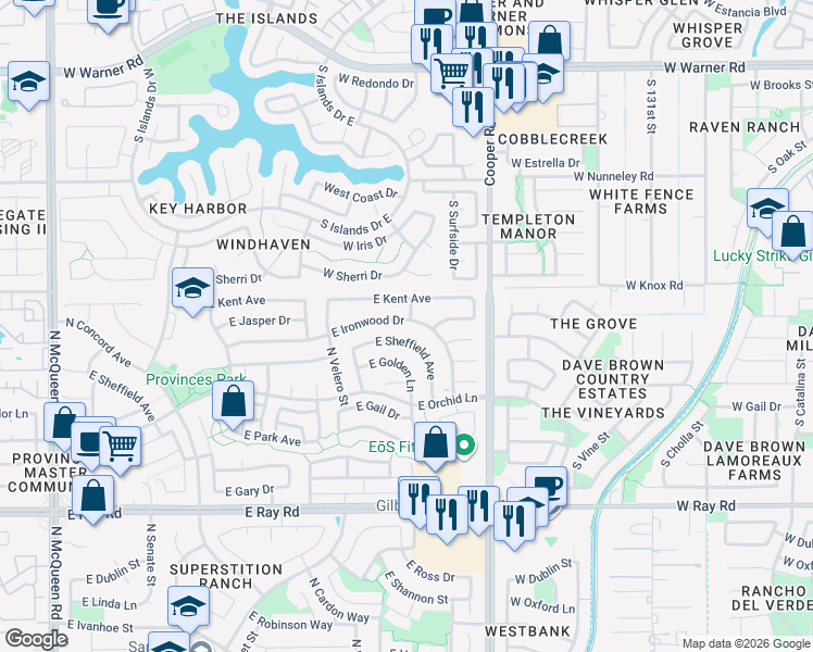 map of restaurants, bars, coffee shops, grocery stores, and more near 1741 East Ironwood Drive in Chandler