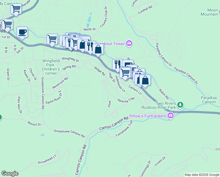 map of restaurants, bars, coffee shops, grocery stores, and more near 145-199 Lonesome Trail in Ruidoso