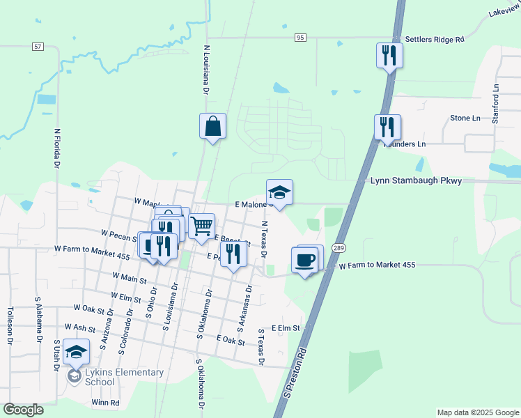 map of restaurants, bars, coffee shops, grocery stores, and more near 412 North Texas Drive in Celina