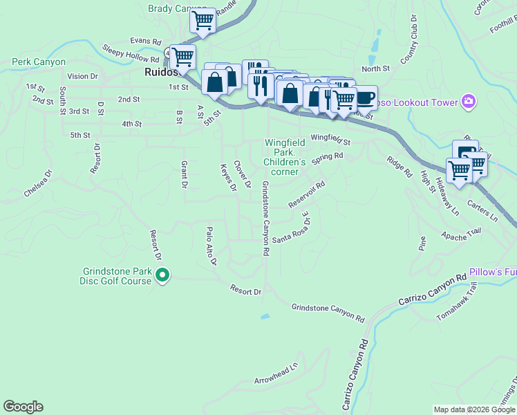 map of restaurants, bars, coffee shops, grocery stores, and more near 311 Grindstone Canyon Road in Ruidoso