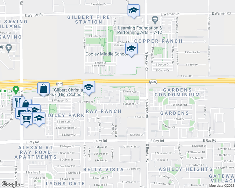map of restaurants, bars, coffee shops, grocery stores, and more near 1304 South Loback Lane in Gilbert