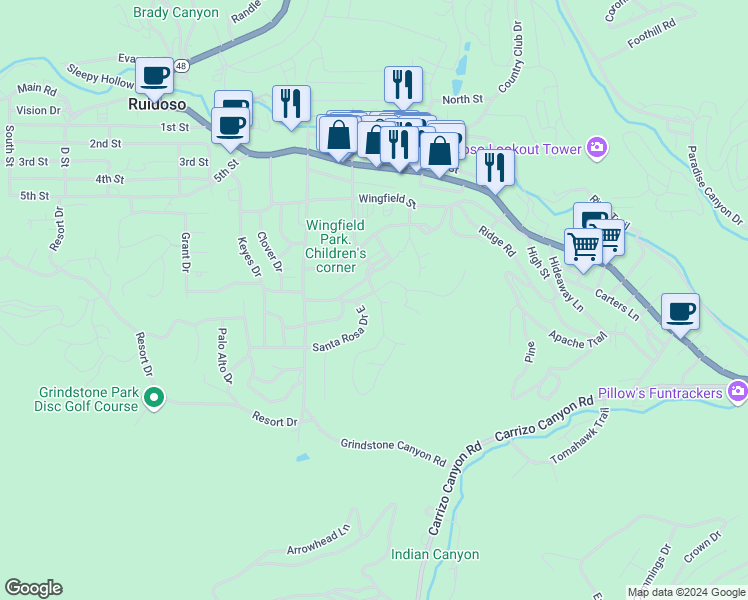 map of restaurants, bars, coffee shops, grocery stores, and more near 206 Arapahoe Trail in Ruidoso