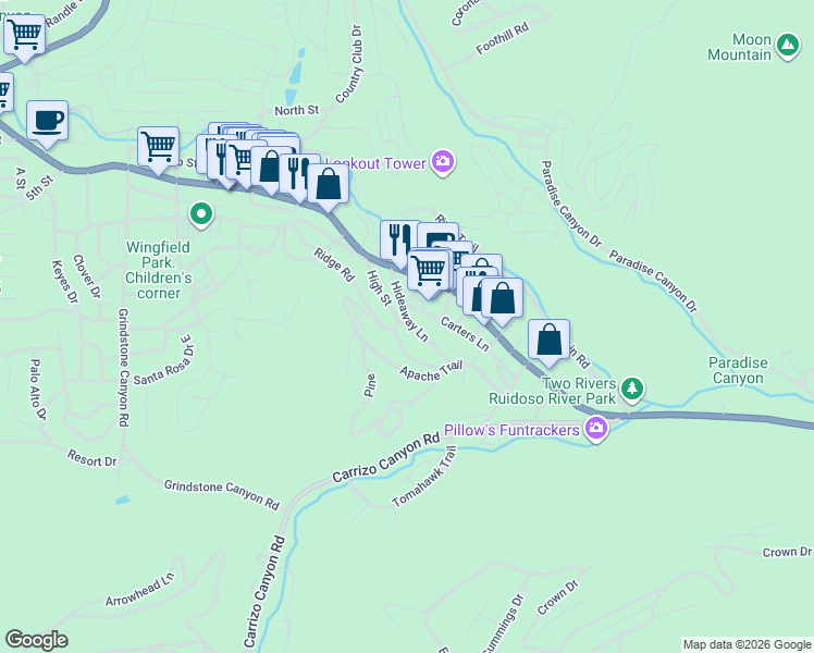 map of restaurants, bars, coffee shops, grocery stores, and more near Ridge Road in Ruidoso