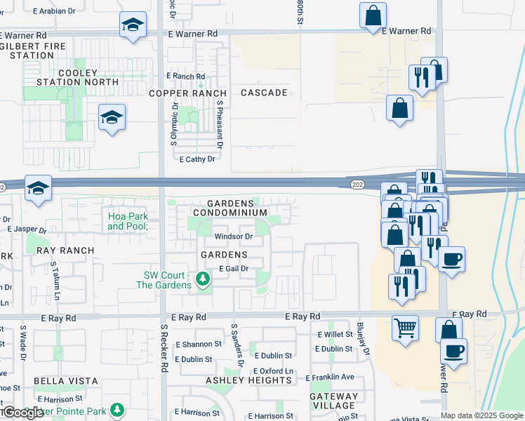 map of restaurants, bars, coffee shops, grocery stores, and more near 4305 East Jasper Drive in Gilbert