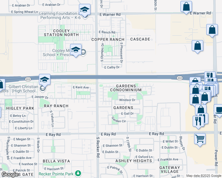 map of restaurants, bars, coffee shops, grocery stores, and more near 4093 East Jasper Drive in Gilbert
