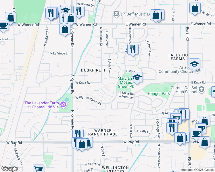 map of restaurants, bars, coffee shops, grocery stores, and more near 179 West Knox Road in Tempe