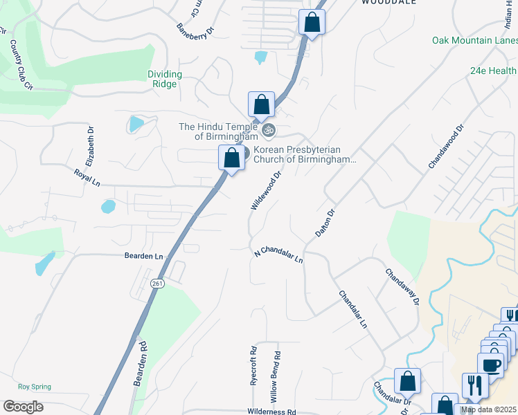 map of restaurants, bars, coffee shops, grocery stores, and more near 3488 Wildewood Drive in Pelham