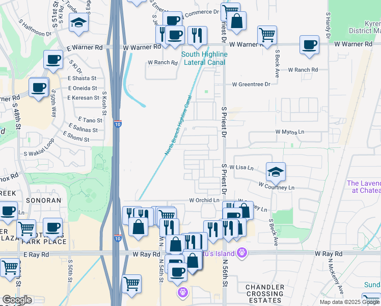 map of restaurants, bars, coffee shops, grocery stores, and more near 7153 West Knox Road in Chandler