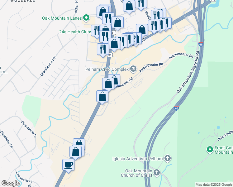 map of restaurants, bars, coffee shops, grocery stores, and more near 2050 Oak Mountain Drive in Pelham