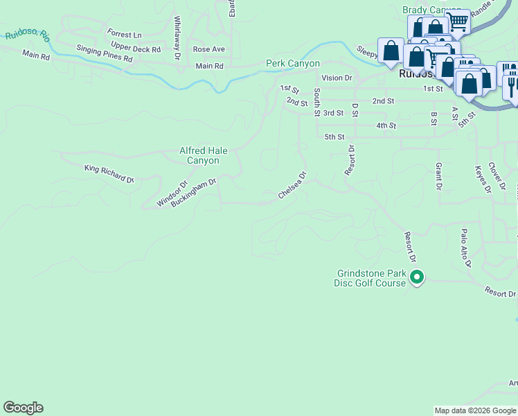 map of restaurants, bars, coffee shops, grocery stores, and more near 215 Chelsea Drive in Ruidoso
