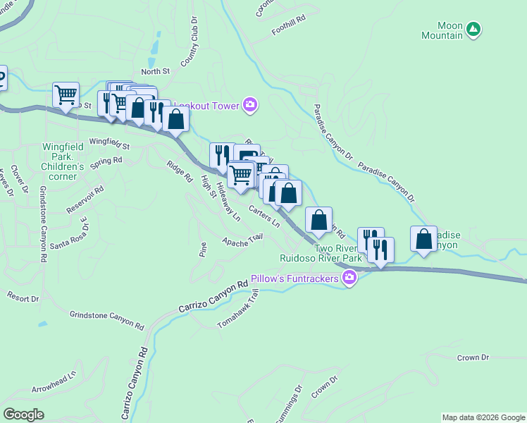 map of restaurants, bars, coffee shops, grocery stores, and more near 111 South Willow Road in Ruidoso