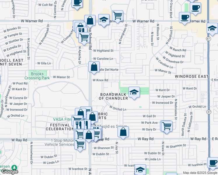 map of restaurants, bars, coffee shops, grocery stores, and more near 1351 North Pleasant Drive in Chandler