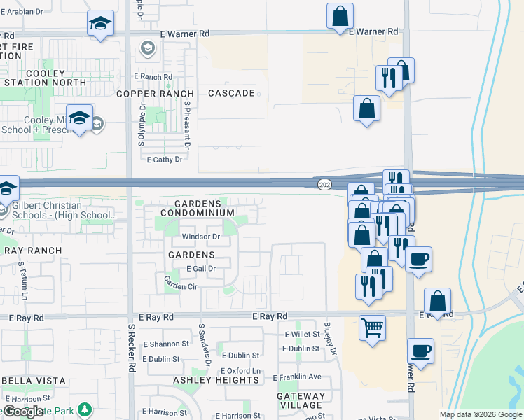map of restaurants, bars, coffee shops, grocery stores, and more near 1305 South Owl Drive in Gilbert