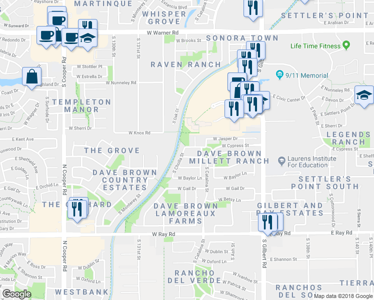 map of restaurants, bars, coffee shops, grocery stores, and more near 311 West Eagle Lane in Gilbert